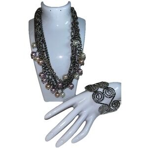 Multi Strand Necklace Pink Lilac White Faux Pearls Cuff Bracelet Set Whimsigoth